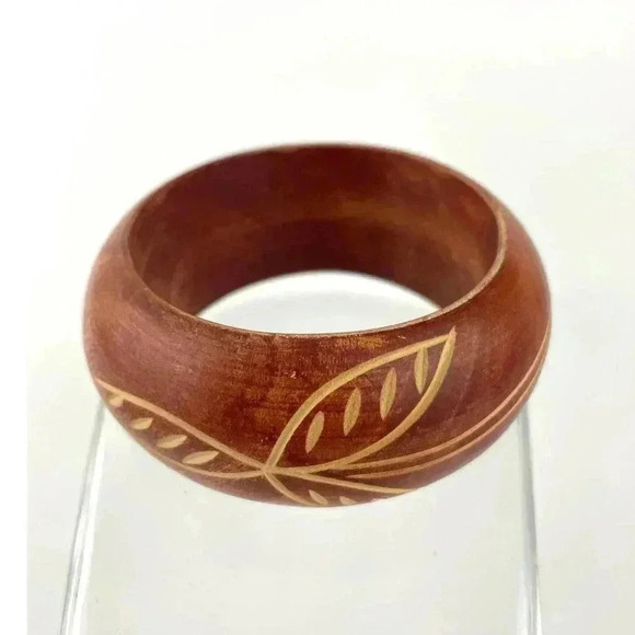 VTG Brown Wood Chunky Bracelet Wooden Bangle Carved Unique Design - Picture 5 of 8